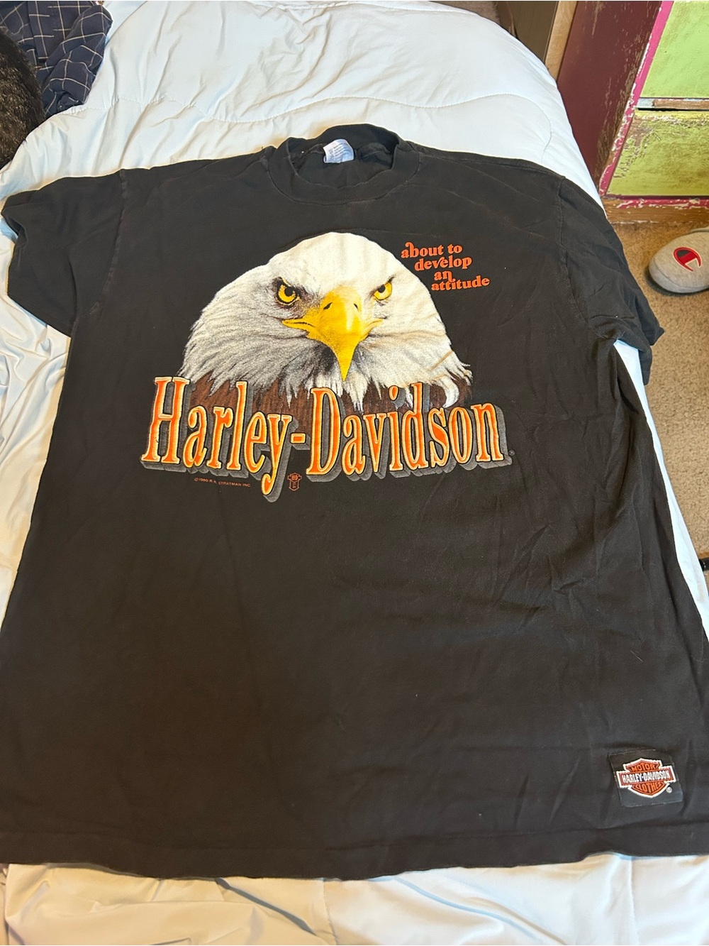 Hanes Black T-Shirt with Eagle Graphic and Orange Harley-Davidson Logo